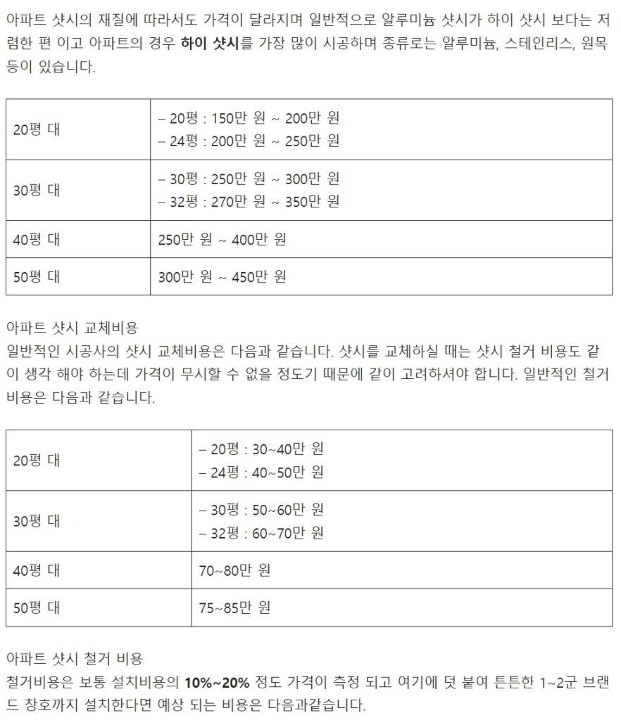 인테리어 공사비용 (20평, 30평, 40평, 50평)